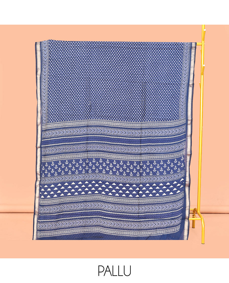 Blue Mul Mul Cotton Saree, Steeped with Triangle Buttas, a Piping Border, Geometric-Printed Pallu, and a Matching Blouse