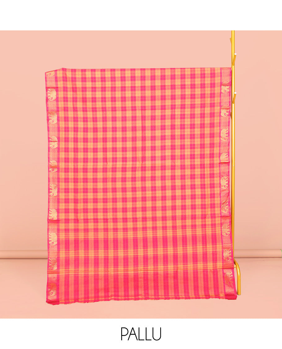 Yellow-Pink Chettinad Cotton Saree, Delicately Woven with Checks, Highlighted by Elephant Motifs Zari Border, Pallu of Stripes, and No Blouse