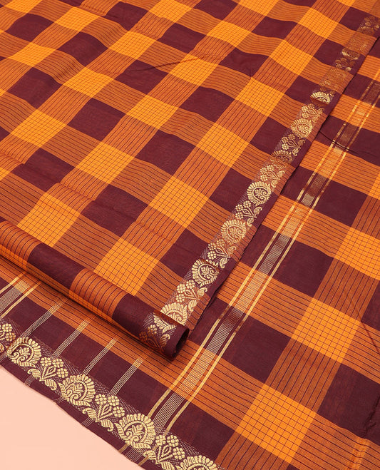 Multi-Color Checked Nine-Yard Cotton Saree, Highlighted by a Self-Border of Floral Designs, Striped Pallu, and Comes Without a Blouse