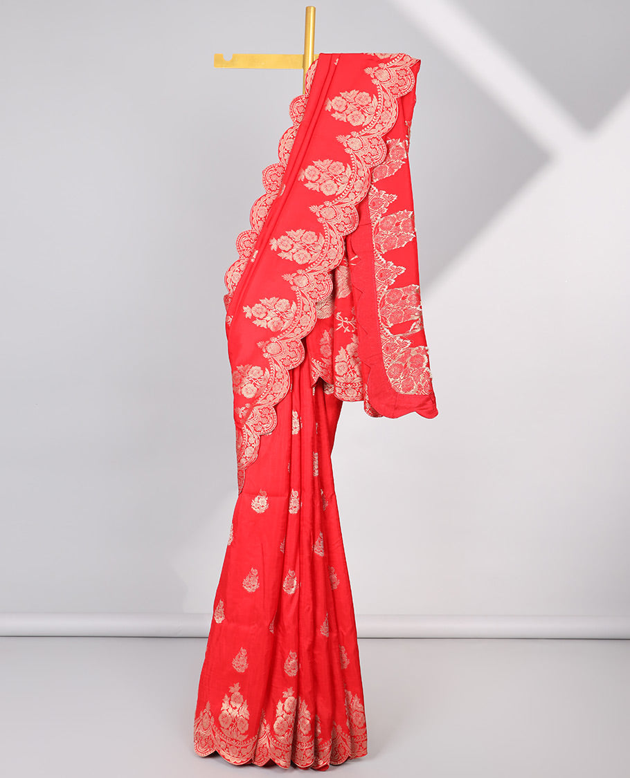 Red floral motifs semi-banaras dola silk saree with scallop border & peacock design pallu