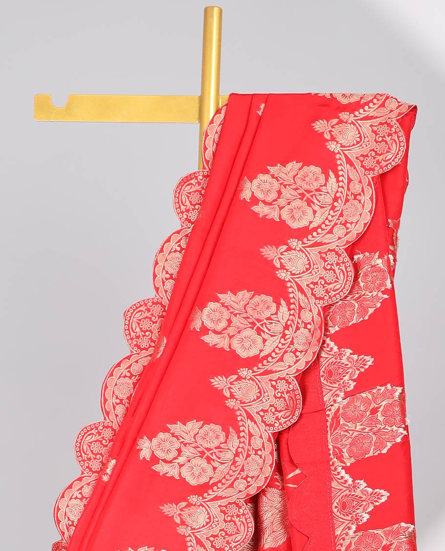 Red floral motifs semi-banaras dola silk saree with scallop border & peacock design pallu