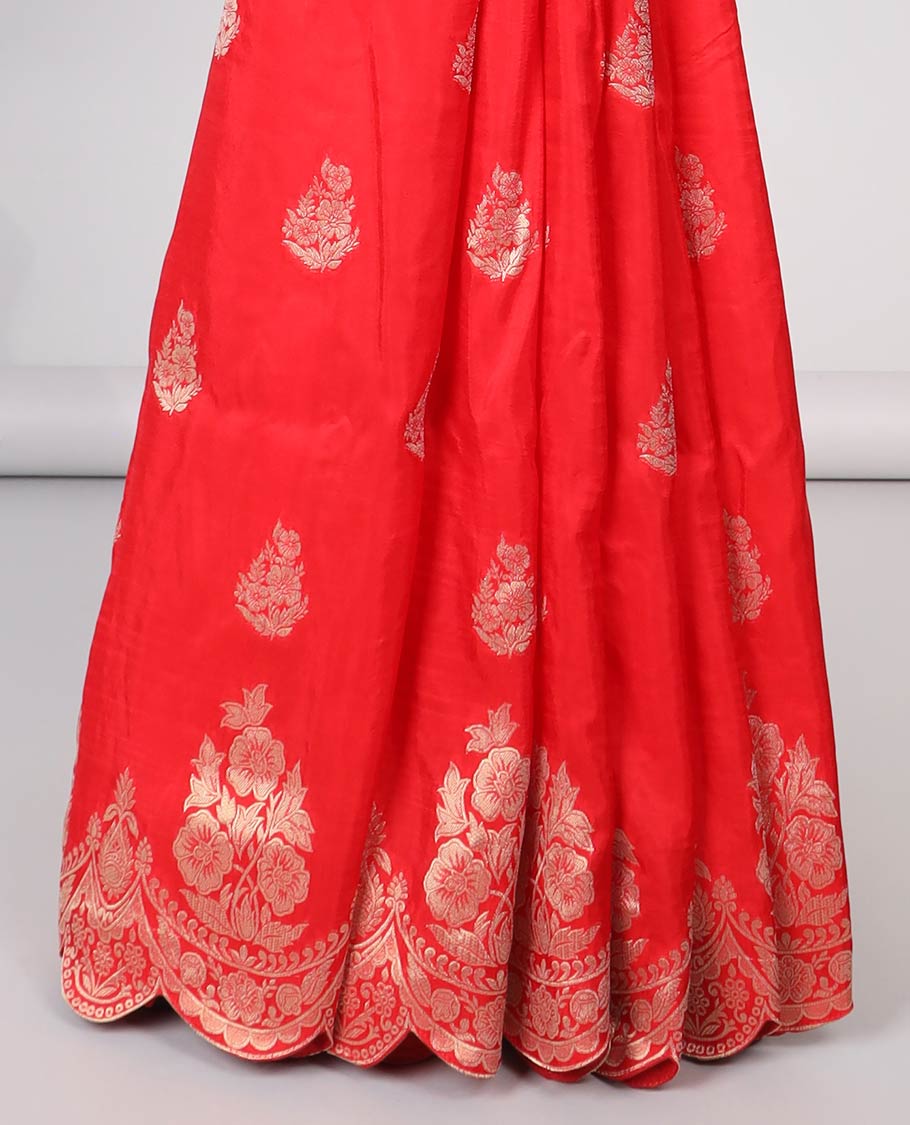 Red floral motifs semi-banaras dola silk saree with scallop border & peacock design pallu