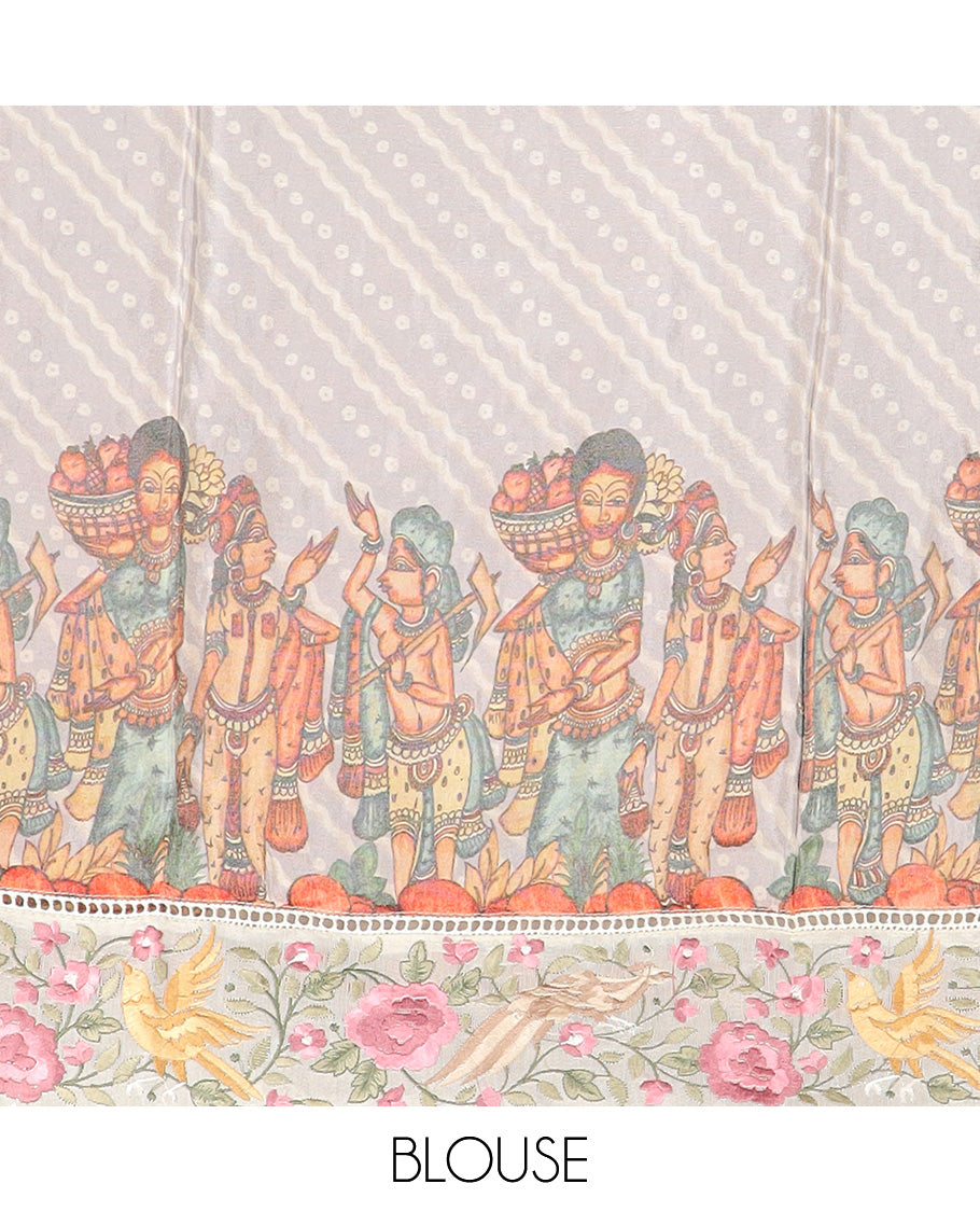 Grey buttas with bandhani and kalamkari floral-human motifs printed dola silk saree, contrast floral embroidered scallop border