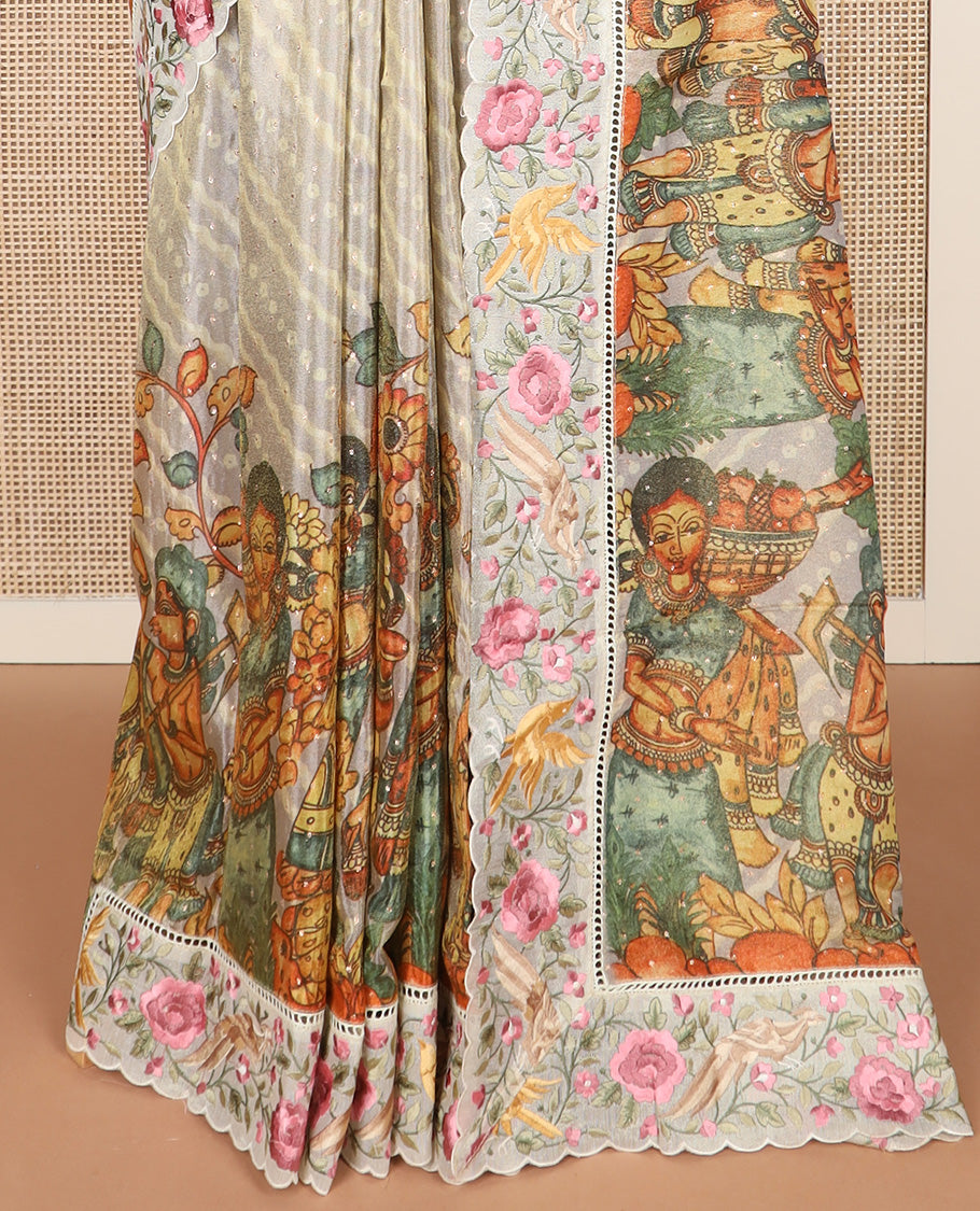 Grey buttas with bandhani and kalamkari floral-human motifs printed dola silk saree, contrast floral embroidered scallop border