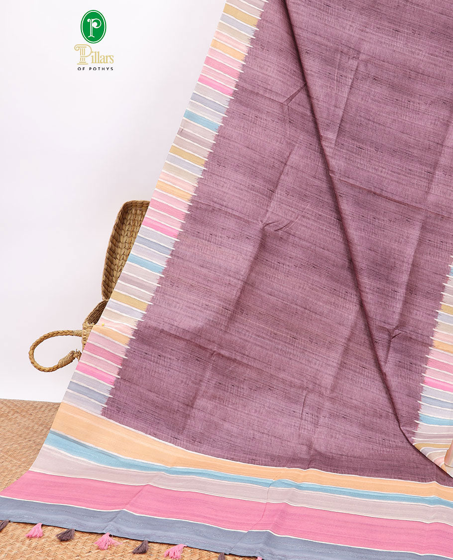 Maroon semi-banaras tussar saree with contrast striped border & multi-colored striped pallu