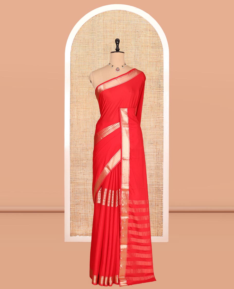 Red Traditional Zari Woven Mysore Silk Saree, a Zari Border, Striped Pallu, and a Matching Blouse