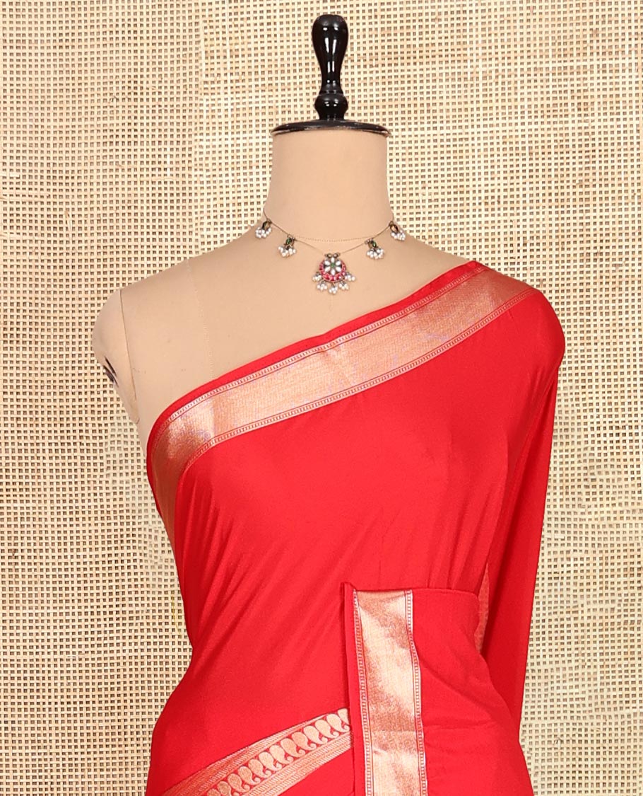 Red Traditional Zari Woven Mysore Silk Saree, a Zari Border, Striped Pallu, and a Matching Blouse