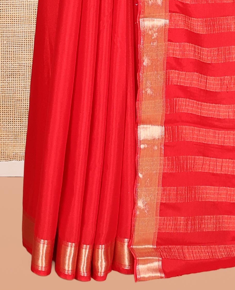 Red Traditional Zari Woven Mysore Silk Saree, a Zari Border, Striped Pallu, and a Matching Blouse