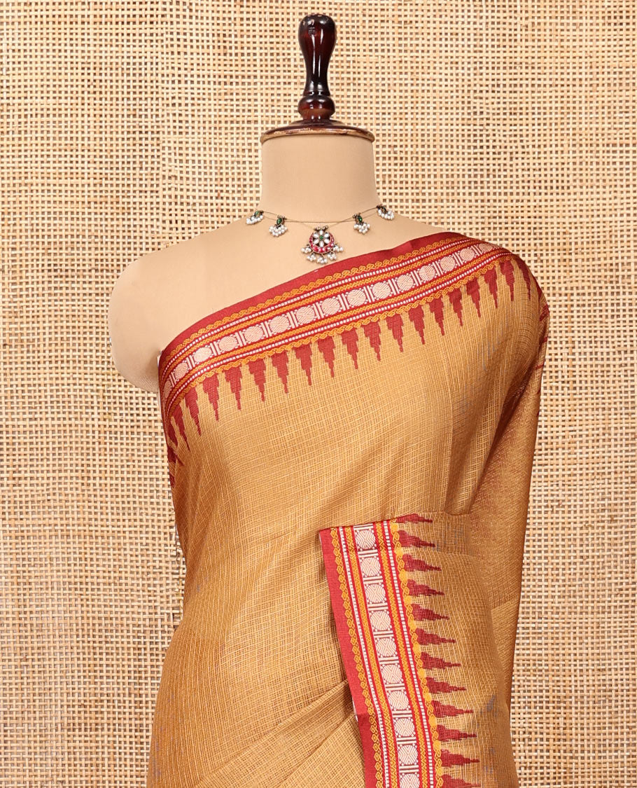 Mustard Kota Saree, Contrast Temple Thread Traditional Border, and a Contrast Blouse