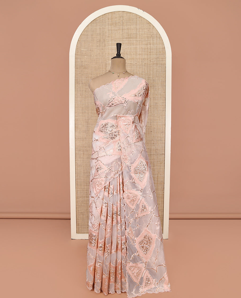 Peach Turkey Organza Saree Features Geometric Glitterwork, Scallop Beadwork Border, Embroidered Blouse