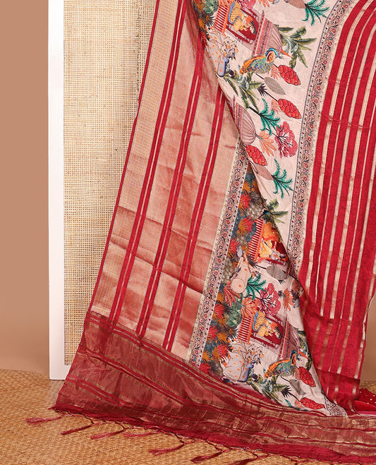 Multi-color dola silk saree with flora-fauna, pichwai cow, women & men in a palanquin, contrast big traditional zari design border & zari striped pallu
