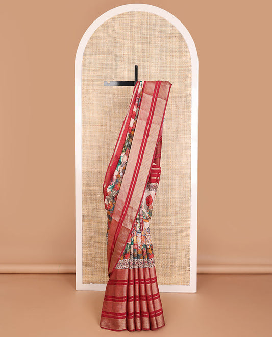 Multi-color dola silk saree with flora-fauna, pichwai cow, women & men in a palanquin, contrast big traditional zari design border & zari striped pallu