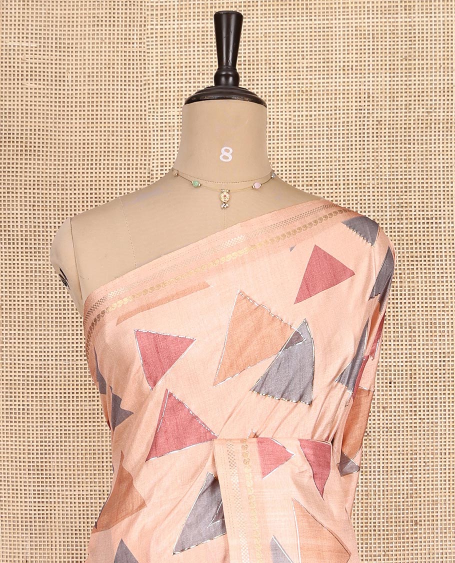 Peach Fancy Tussar Silk Saree Features Triangle Motifs, Zari Border, Striped Pallu, Matching Blouse
