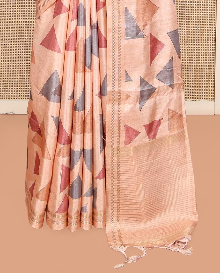 Peach Fancy Tussar Silk Saree Features Triangle Motifs, Zari Border, Striped Pallu, Matching Blouse
