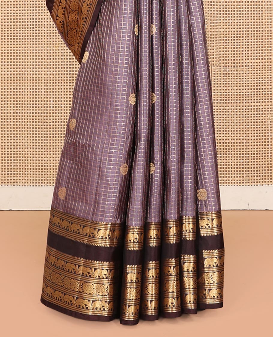 Lavender Grey Checked Vasundhara Lite Silkmix Saree, Contrast Elephant Border, Jaal Pallu, and Contrast Blouse