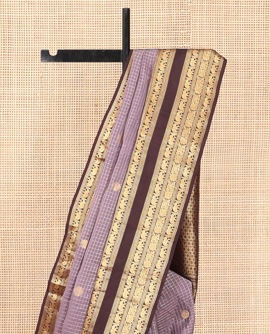 Lavender Grey Checked Vasundhara Lite Silkmix Saree, Contrast Elephant Border, Jaal Pallu, and Contrast Blouse
