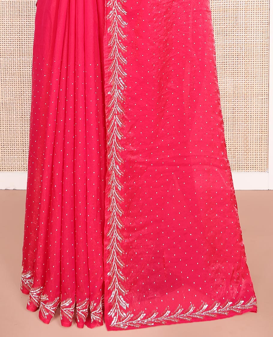 Pink Designer Saree, Spotlighted with Stone Work Across Its Body, Highlighted by a Scallop Stone Embroidered Border, a Self Pallu, and Paired with a Matching Stone Work Blouse