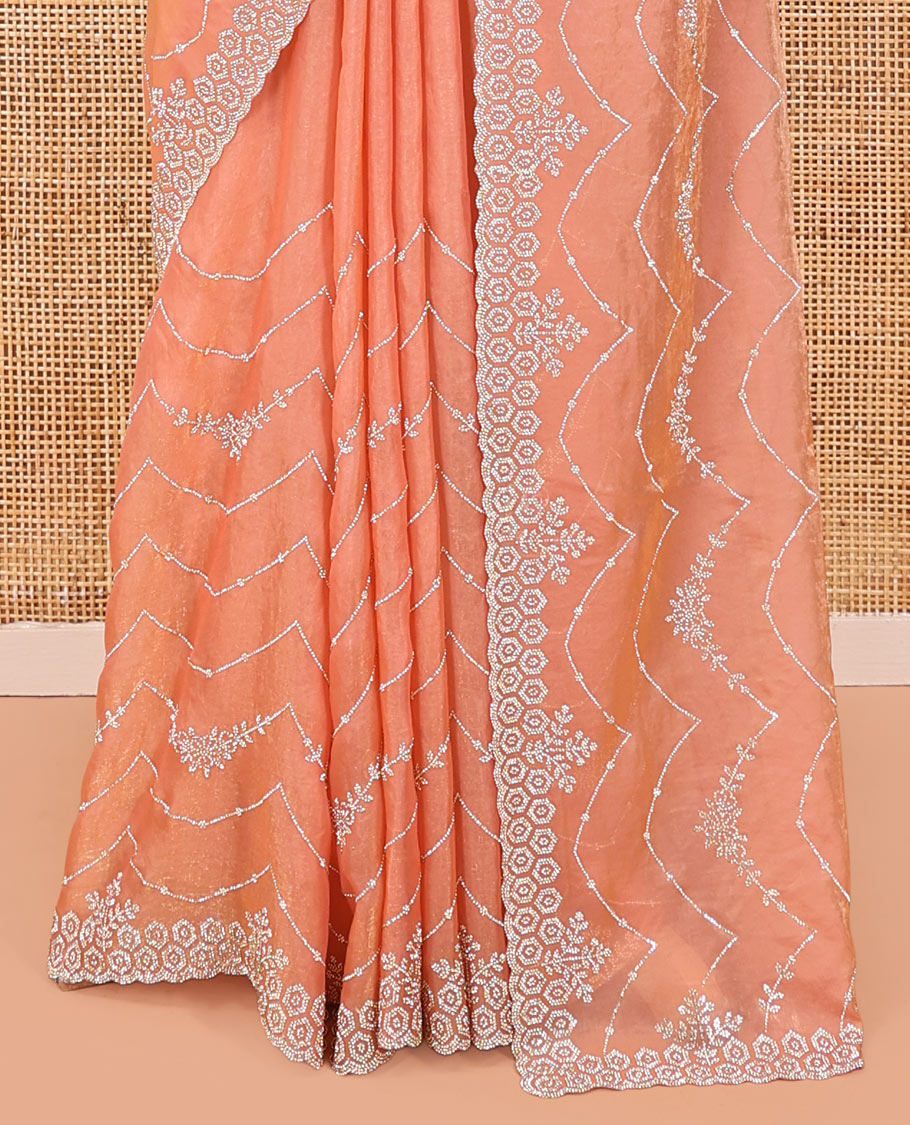 Peach Designer Saree, Meticulously Crafted with Stone Work All Over Its Body, Scallop Embroidered Border, Intricately Embroidered Pallu, and Paired with a Matching Blouse
