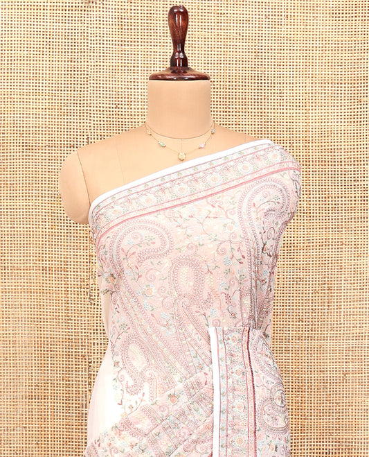 Off-white Designer Saree, Lightly Embellished with Floral-Paisley Embroidery, a Embroidered Border, and a Matching Blouse