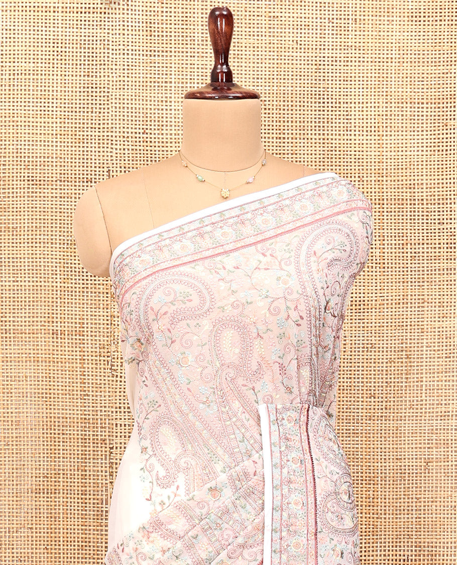Off-white Designer Saree, Lightly Embellished with Floral-Paisley Embroidery, a Embroidered Border, and a Matching Blouse