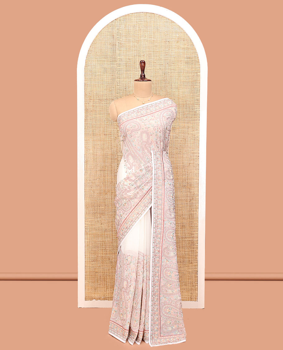 Off-white Designer Saree, Lightly Embellished with Floral-Paisley Embroidery, a Embroidered Border, and a Matching Blouse