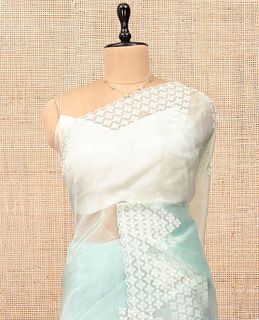 Pale Blue Plain Organza Saree, Highlighted by Scallop Embroidery Border, and Matching Blouse
