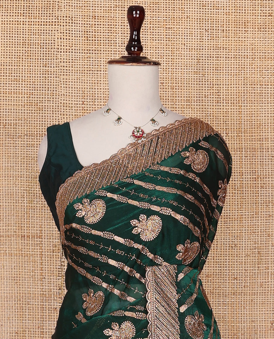 Deep forest green stone patch embroidered designer saree, self-scallop stone embroidered border