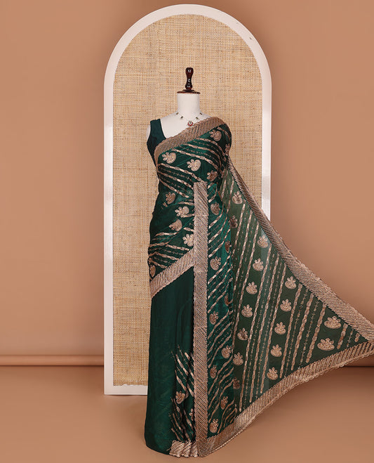 Deep forest green stone patch embroidered designer saree, self-scallop stone embroidered border