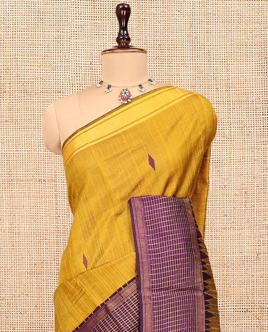 Yellow Dupion Silk Saree, Adorned with Buttas, Complemented by Contrast Temple-Checked Border, Temple Pallu, and a Contrast Blouse