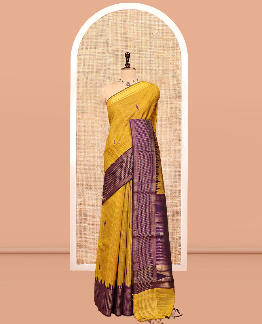 Yellow Dupion Silk Saree, Adorned with Buttas, Complemented by Contrast Temple-Checked Border, Temple Pallu, and a Contrast Blouse