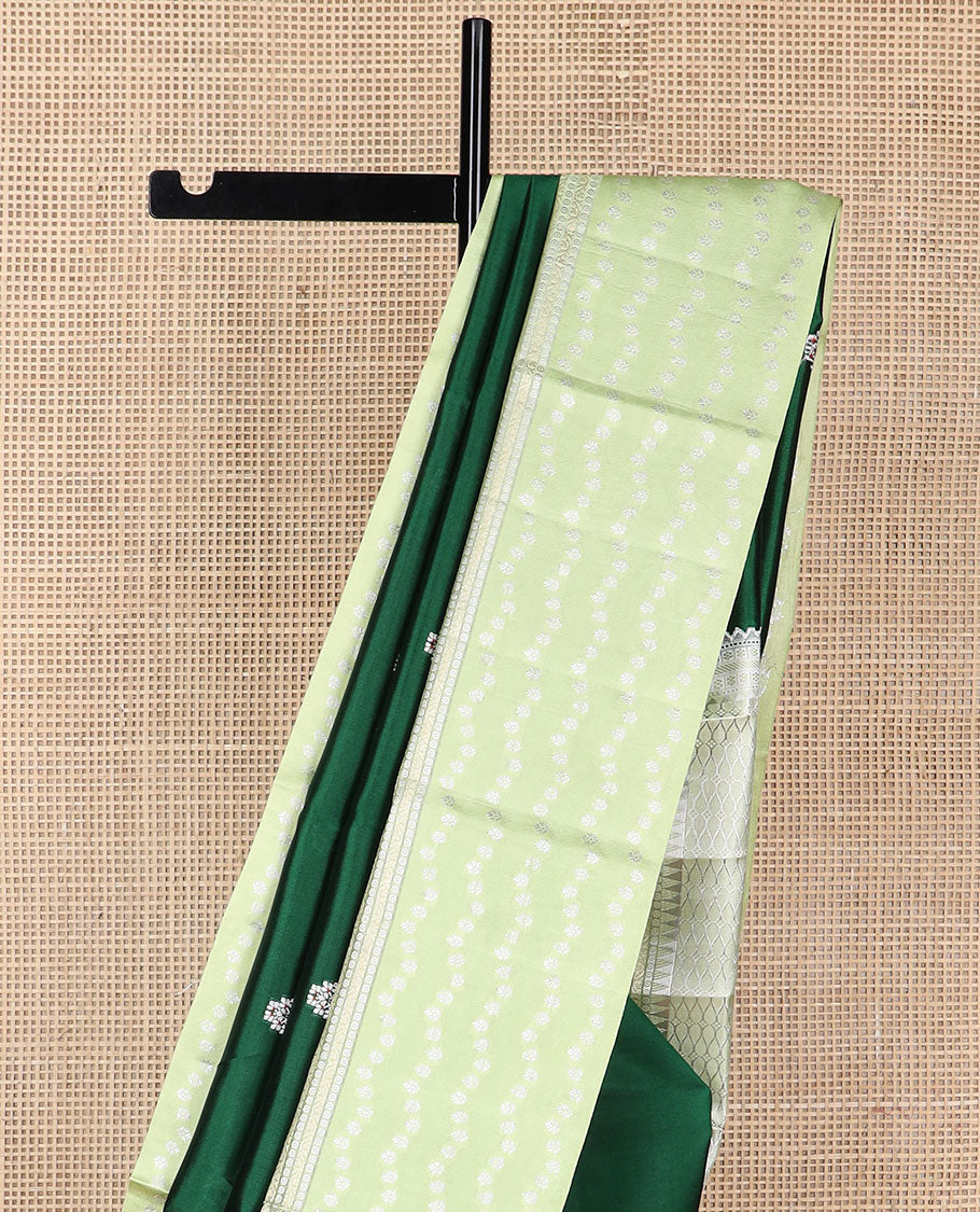 Green floral motifs raw mango silk saree with self zari design & floral design pallu