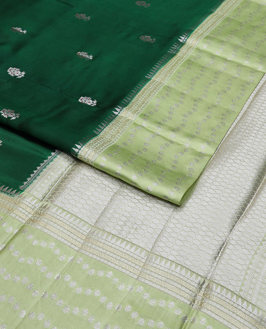 Green floral motifs raw mango silk saree with self zari design & floral design pallu
