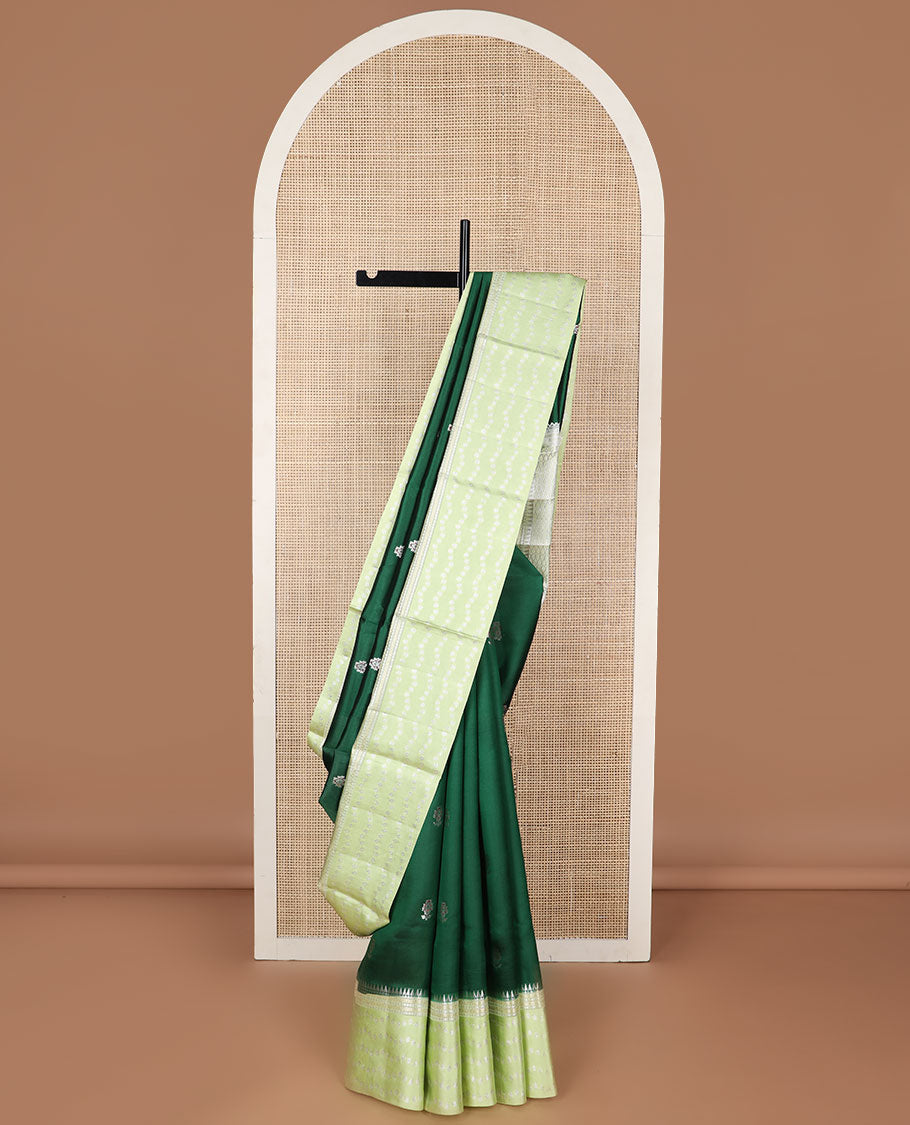 Green floral motifs raw mango silk saree with self zari design & floral design pallu