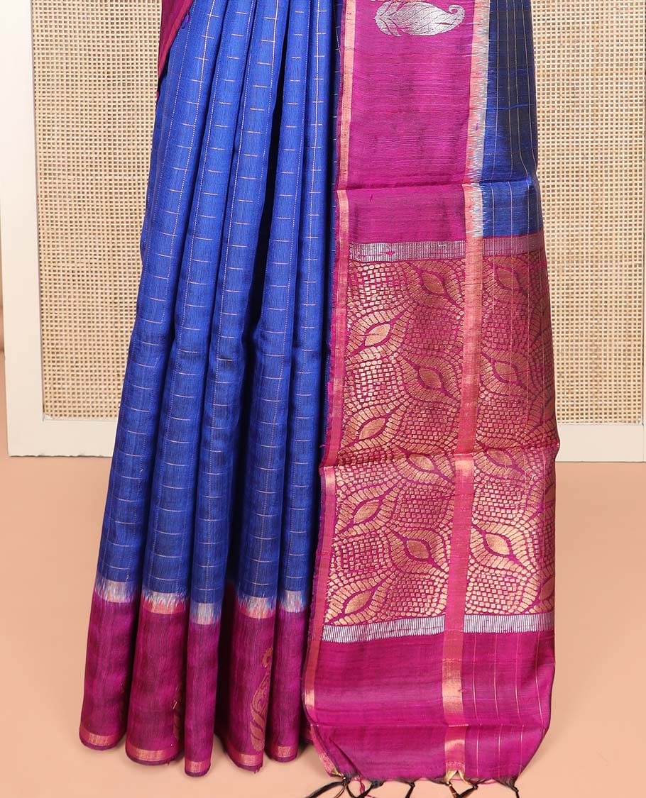 Blue Dupion Silk Saree Embellished with Checks All Over Its Body, Complemented by a Contrast Border of Paisley Motifs in Zari, Grandly Woven Pallu of Ogee Designs, and Paired with a Contrast Blouse