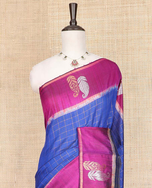 Blue Dupion Silk Saree Embellished with Checks All Over Its Body, Complemented by a Contrast Border of Paisley Motifs in Zari, Grandly Woven Pallu of Ogee Designs, and Paired with a Contrast Blouse
