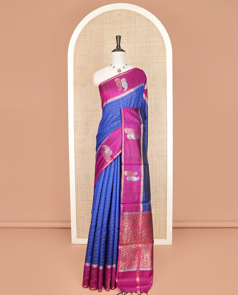 Blue Dupion Silk Saree Embellished with Checks All Over Its Body, Complemented by a Contrast Border of Paisley Motifs in Zari, Grandly Woven Pallu of Ogee Designs, and Paired with a Contrast Blouse