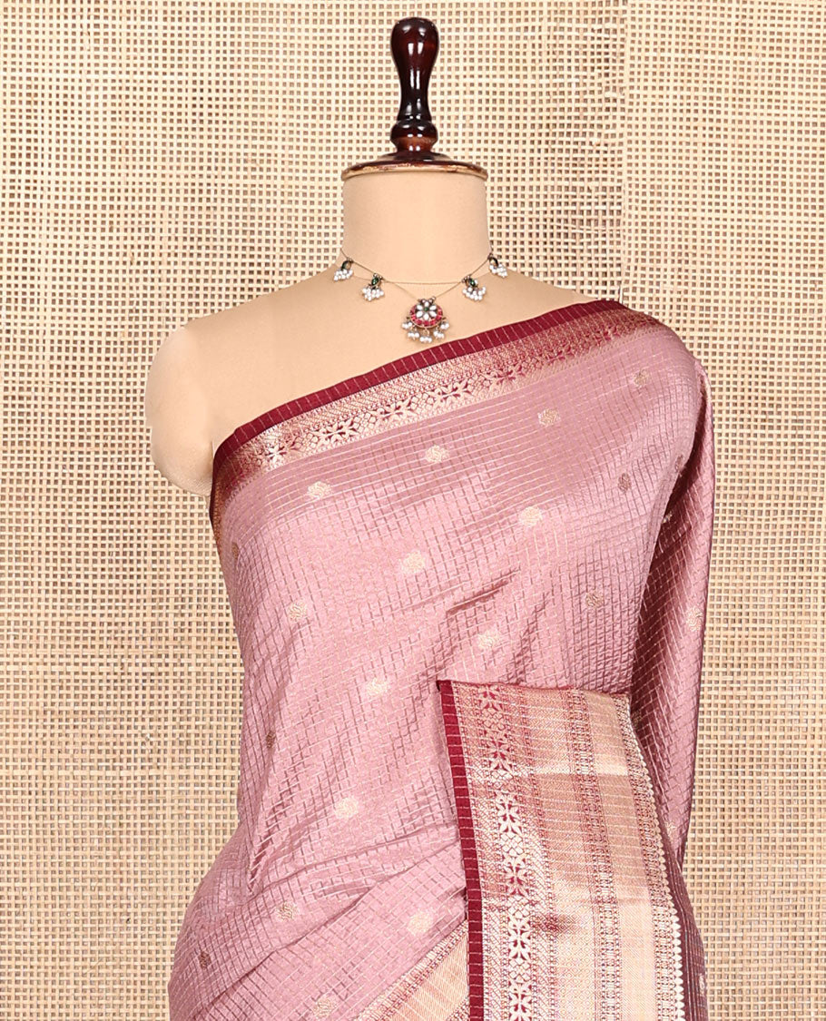 Pink Semi-Banarasi Dupion Saree, Embellished with Zari Buttas and Checks, a Contrast Traditional Zari Design Border, Striped Pallu, and a Contrast Blouse