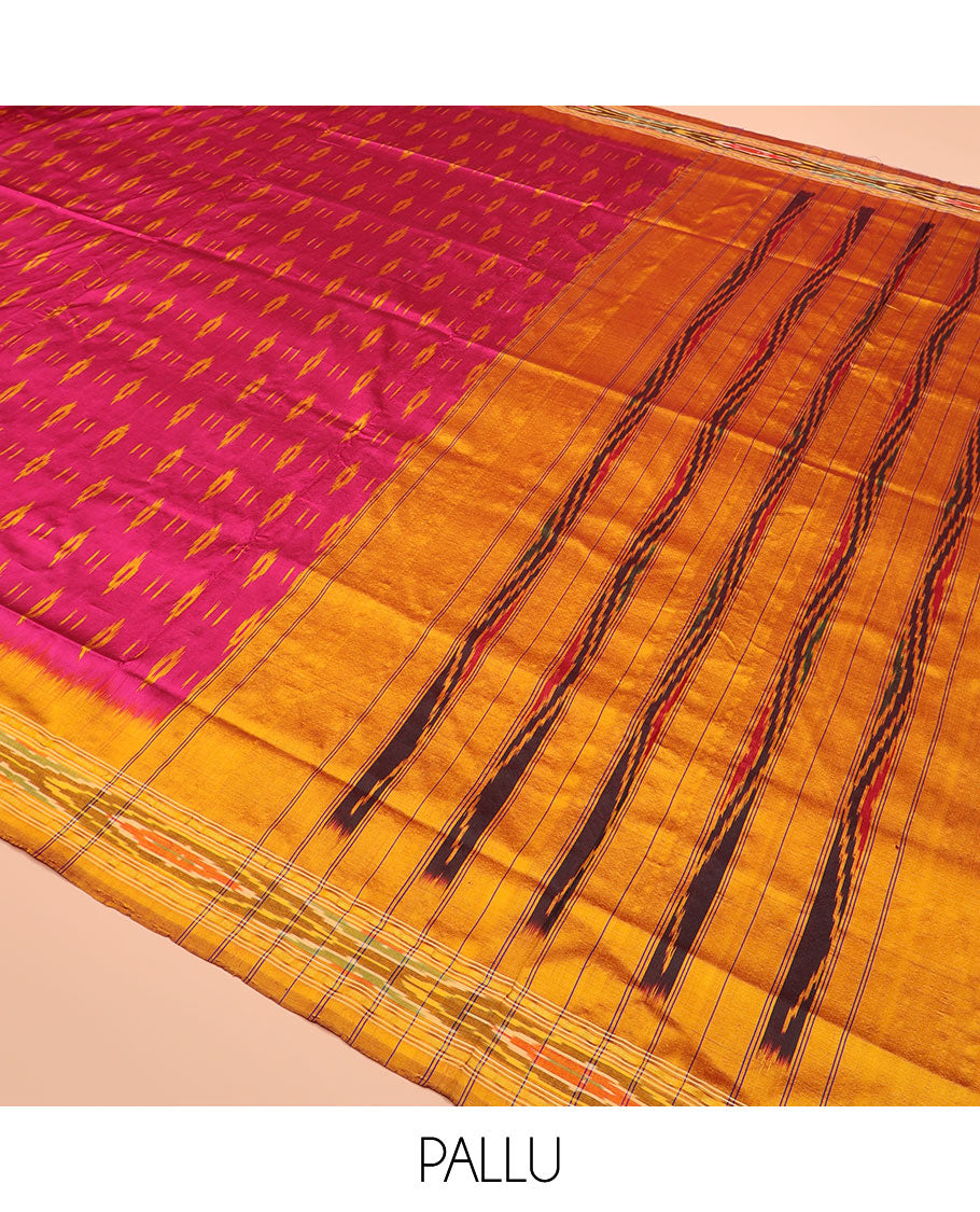 Pink Ikkat Silk Saree Elevated with Ikkat Buttas, Featuring a Contrast Ikkat Textured Border and a Pallu Mirroring Stripes and Ikkat-Texture