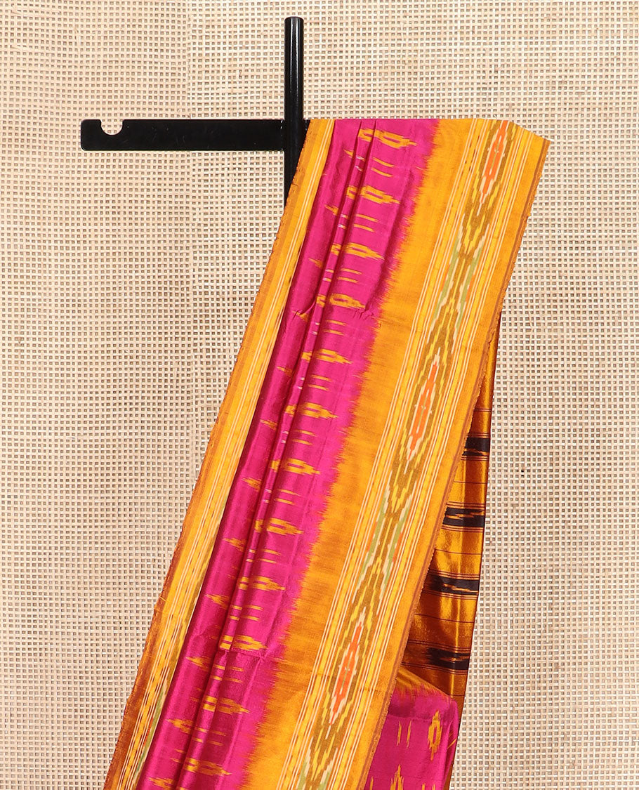 Pink Ikkat Silk Saree Elevated with Ikkat Buttas, Featuring a Contrast Ikkat Textured Border and a Pallu Mirroring Stripes and Ikkat-Texture
