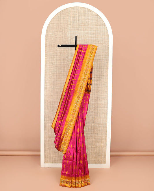 Pink Ikkat Silk Saree Elevated with Ikkat Buttas, Featuring a Contrast Ikkat Textured Border and a Pallu Mirroring Stripes and Ikkat-Texture