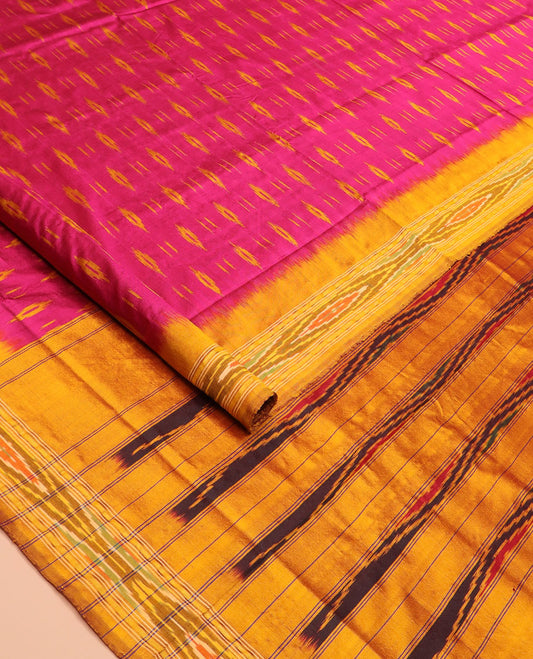 Pink Ikkat Silk Saree Elevated with Ikkat Buttas, Featuring a Contrast Ikkat Textured Border and a Pallu Mirroring Stripes and Ikkat-Texture