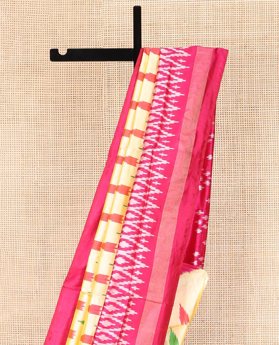 Sandal Ikkat Silk Saree, Beautifully Bedecked with Ikkat Temple Buttas All Over Its Body, Complemented by a Contrast Border of Jaal Designs, Pallu Steeped with Ikkat Buttas, and Paired with a Contrast Blouse