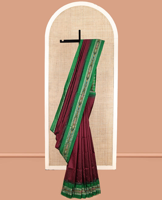 Maroon Plain Pochampally Ikat Silk Saree, Complemented by a Contrast Ikat Border, Ikat-Style Pallu, and No Blouse
