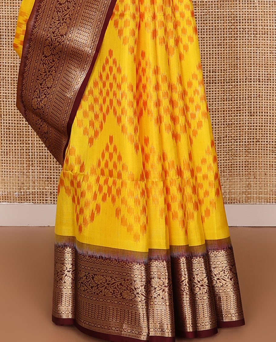 Orange chevron ikkat design pure ikkat saree, contrast traditional zari design border & pallu of intricate zari designs