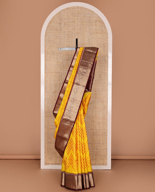Orange chevron ikkat design pure ikkat saree, contrast traditional zari design border & pallu of intricate zari designs