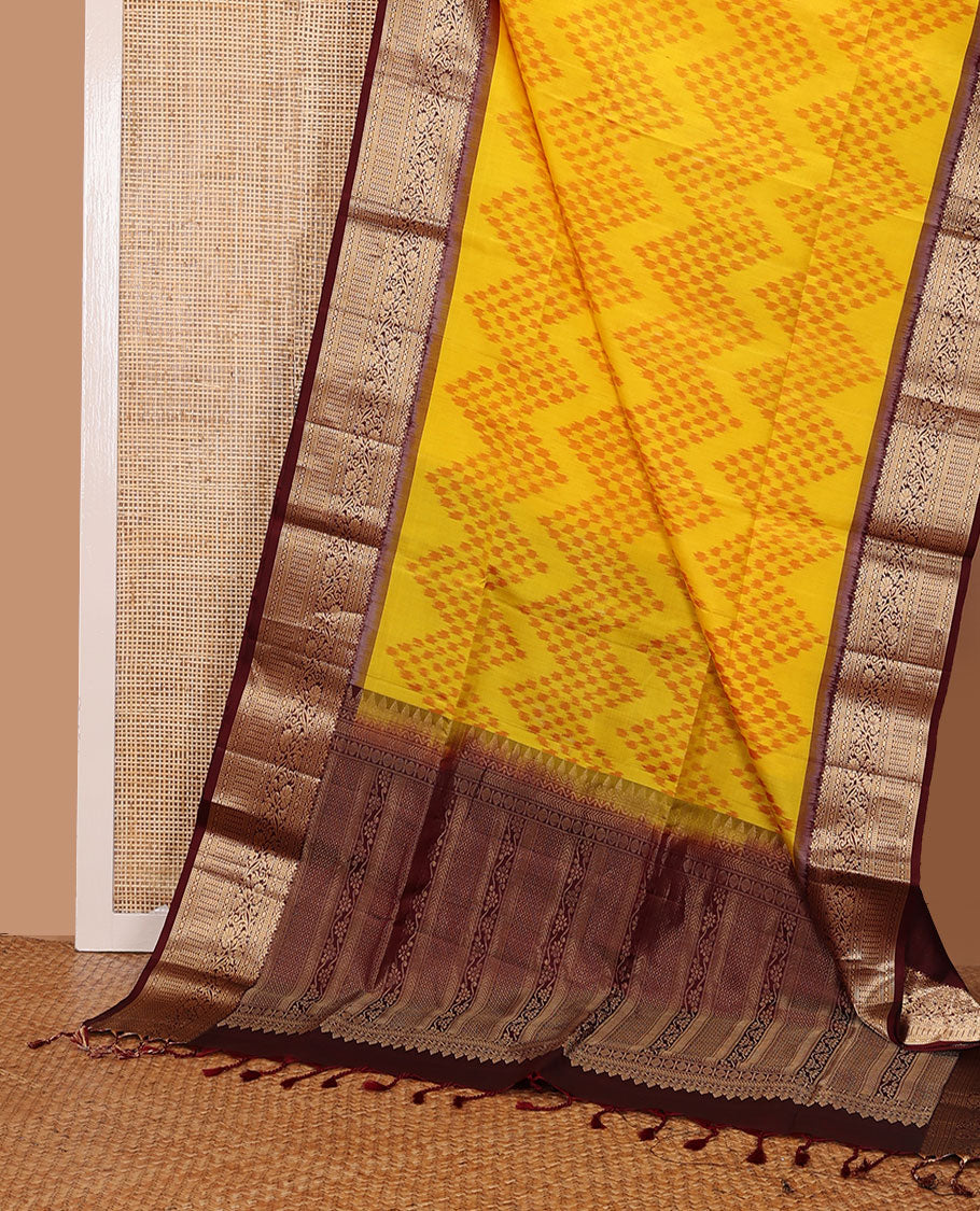 Orange chevron ikkat design pure ikkat saree, contrast traditional zari design border & pallu of intricate zari designs