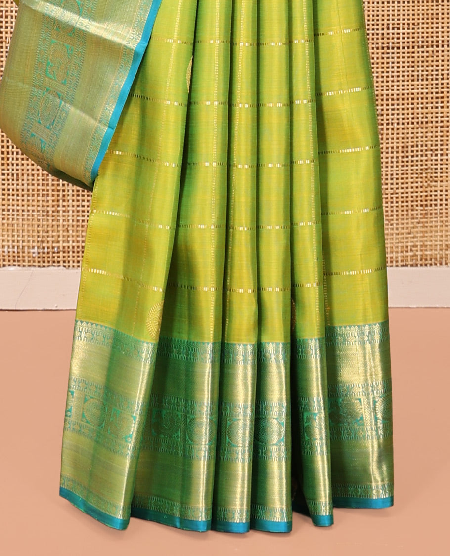 Green Kanchipuram Silk Saree, Finely Crafted with Chakra Butta Enclosed Checks, Contrast Border of Thilagam, Muthu, Rudraksham, and Mayil-Chakram Designs, Jaal Pallu, and Contrast  Blouse