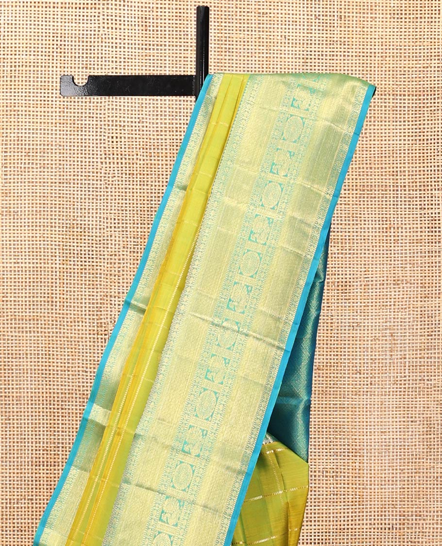 Green Kanchipuram Silk Saree, Finely Crafted with Chakra Butta Enclosed Checks, Contrast Border of Thilagam, Muthu, Rudraksham, and Mayil-Chakram Designs, Jaal Pallu, and Contrast  Blouse