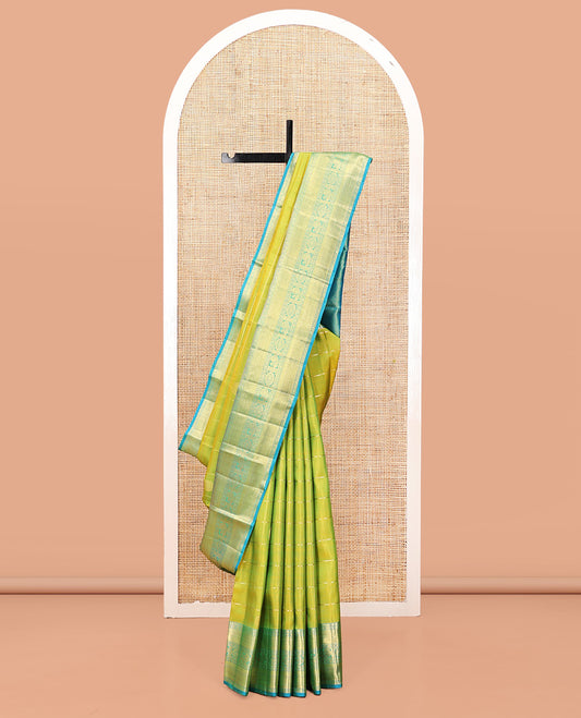 Green Kanchipuram Silk Saree, Finely Crafted with Chakra Butta Enclosed Checks, Contrast Border of Thilagam, Muthu, Rudraksham, and Mayil-Chakram Designs, Jaal Pallu, and Contrast  Blouse