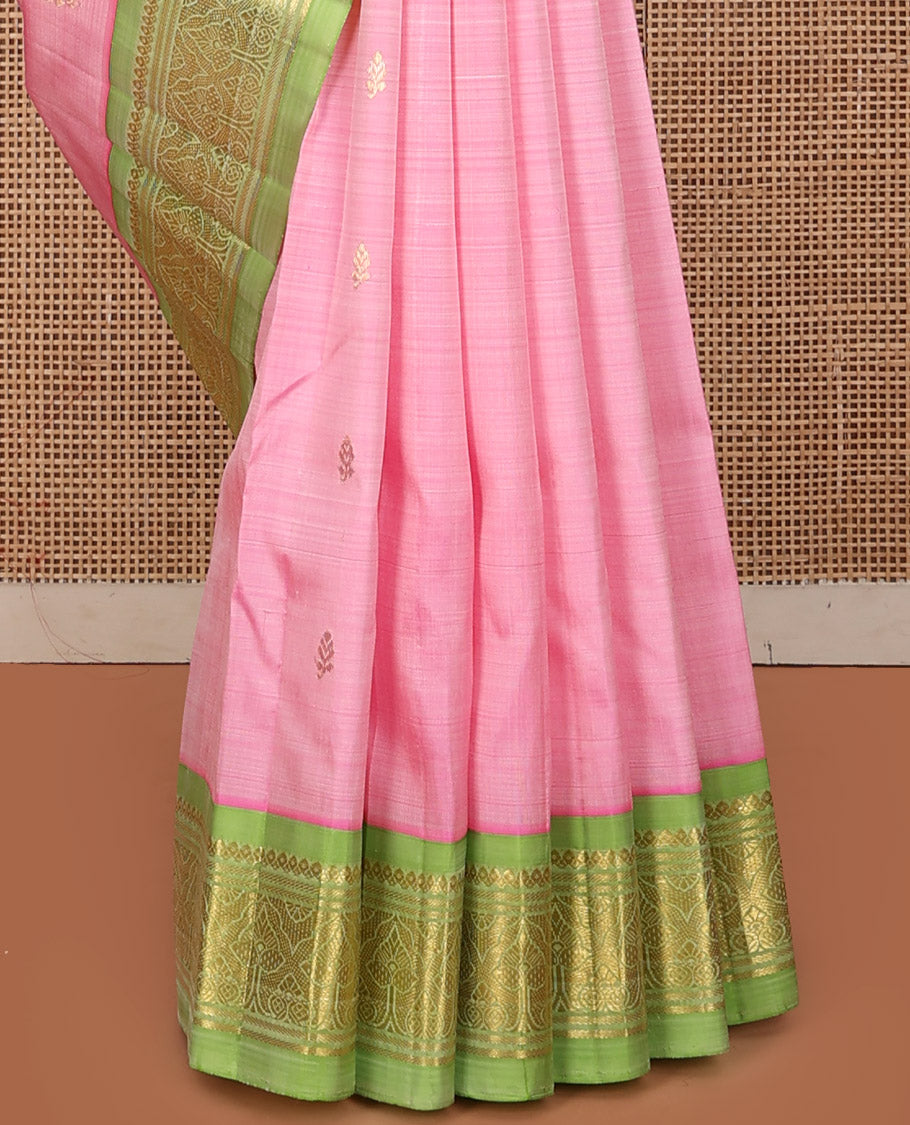 Pink Kanchipuram Silk Saree Features Zari Buttas, a Contrast One-Sided Zari Border, Zari-Woven Pallu, and No Blouse